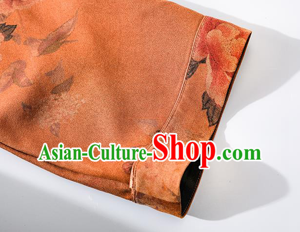 China Classical Phoenix Pattern Tang Suit Upper Outer Garment Traditional Cheongsam Orange Silk Shirt