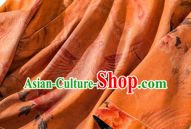 China Classical Phoenix Pattern Tang Suit Upper Outer Garment Traditional Cheongsam Orange Silk Shirt