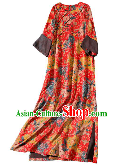 Asian Chinese Classical Printing Camellia Cheongsam Traditional Red Silk Qipao Dress Clothing