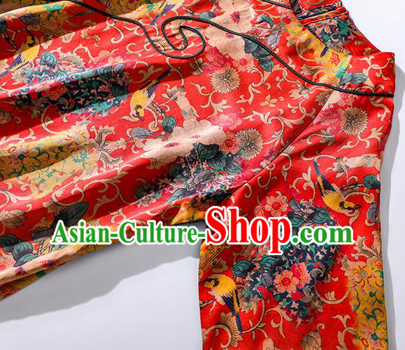 Asian Chinese Classical Printing Camellia Cheongsam Traditional Red Silk Qipao Dress Clothing