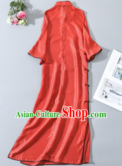 Asian Chinese Jacquard Red Silk Qipao Dress Clothing Traditional Classical Young Lady Cheongsam