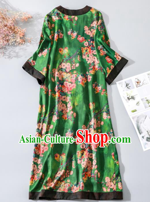 China Classical Begonia Pattern Tang Suit Dust Coat Traditional Cheongsam Green Silk Overcoat