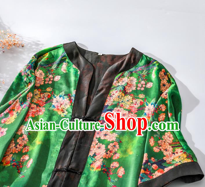 China Classical Begonia Pattern Tang Suit Dust Coat Traditional Cheongsam Green Silk Overcoat