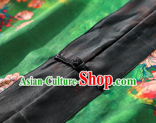 China Classical Begonia Pattern Tang Suit Dust Coat Traditional Cheongsam Green Silk Overcoat