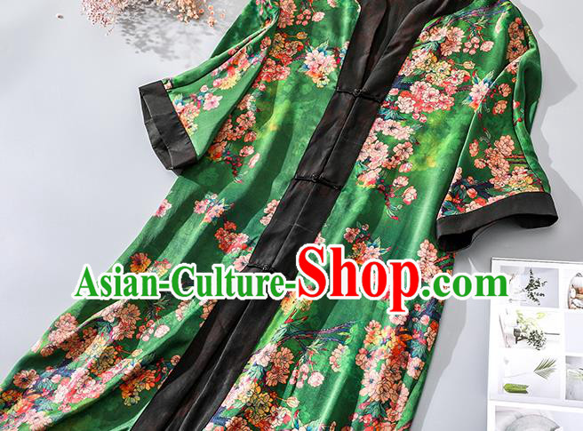 China Classical Begonia Pattern Tang Suit Dust Coat Traditional Cheongsam Green Silk Overcoat