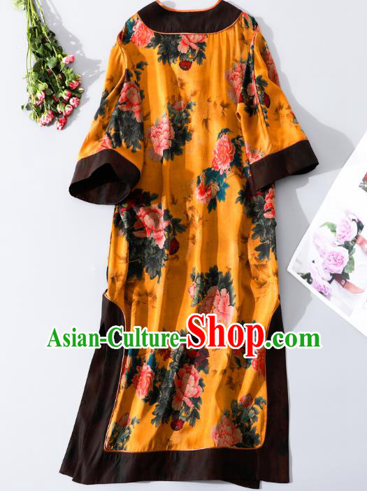 Asian Chinese Traditional Yellow Silk Qipao Dress Clothing Classical Peony Pattern Cheongsam