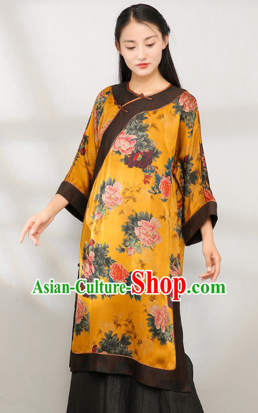 Asian Chinese Traditional Yellow Silk Qipao Dress Clothing Classical Peony Pattern Cheongsam
