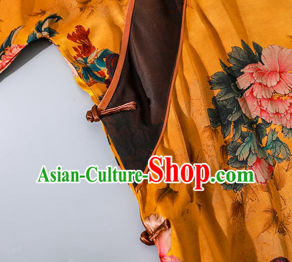 Asian Chinese Traditional Yellow Silk Qipao Dress Clothing Classical Peony Pattern Cheongsam