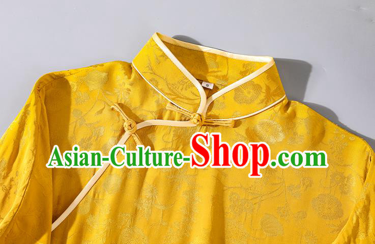 Asian Chinese Traditional Shanghai Beauty Qipao Dress Clothing Classical Golden Silk Cheongsam
