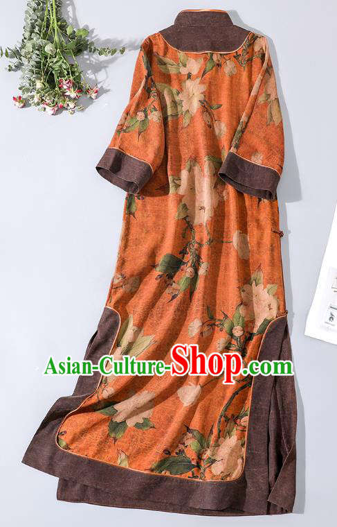 Asian Chinese Traditional Shanghai Orange Silk Qipao Dress Clothing Classical Mangnolia Pattern Design Cheongsam