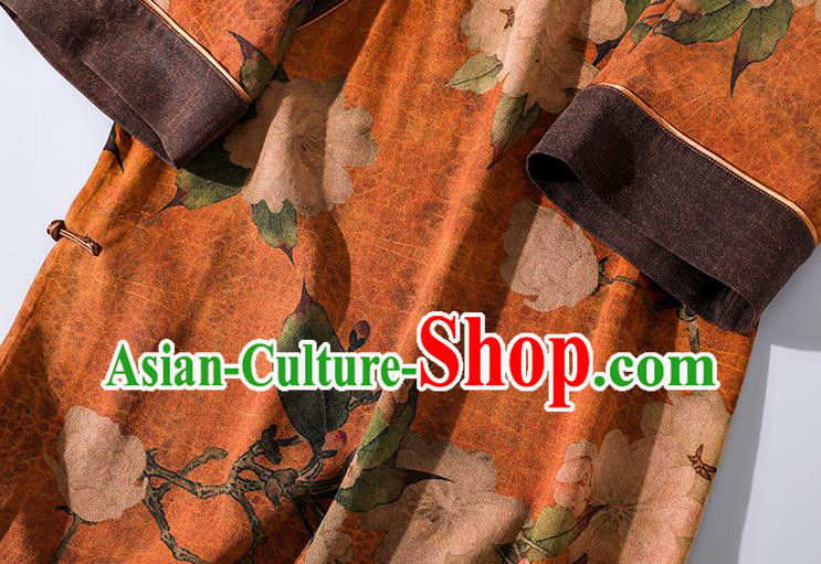 Asian Chinese Traditional Shanghai Orange Silk Qipao Dress Clothing Classical Mangnolia Pattern Design Cheongsam