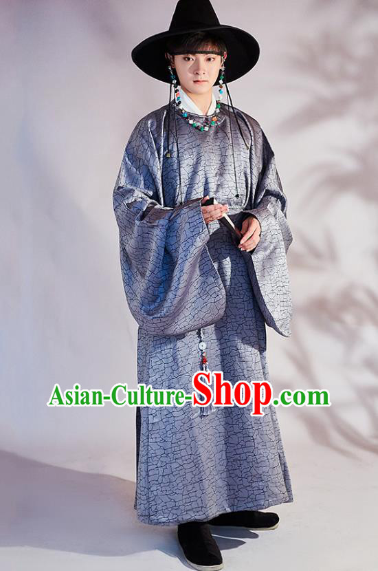 Chinese Traditional Ming Dynasty Historical Clothing Ancient Swordsman Grey Hanfu Robe