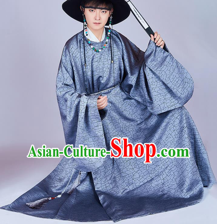 Chinese Traditional Ming Dynasty Historical Clothing Ancient Swordsman Grey Hanfu Robe