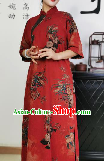 Asian Chinese Classical Stand Collar Cheongsam Costume Traditional Printing Orchids Red Silk Qipao Dress
