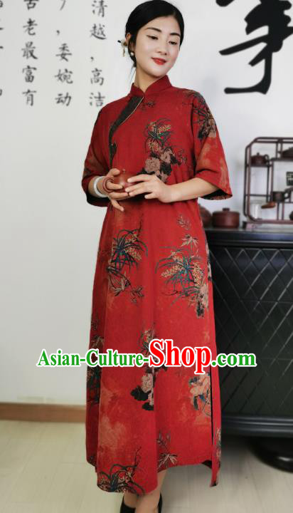 Asian Chinese Classical Stand Collar Cheongsam Costume Traditional Printing Orchids Red Silk Qipao Dress