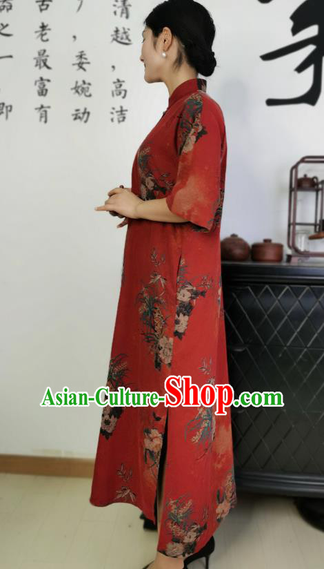 Asian Chinese Classical Stand Collar Cheongsam Costume Traditional Printing Orchids Red Silk Qipao Dress