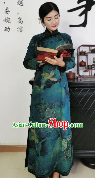 Asian Chinese Classical Lotus Pattern Cheongsam Costume Traditional Dark Green Silk Qipao Dress