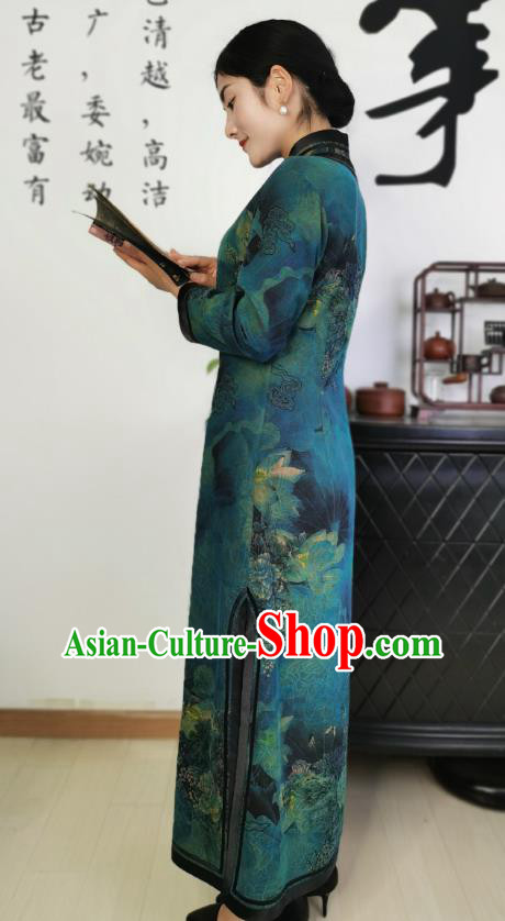 Asian Chinese Classical Lotus Pattern Cheongsam Costume Traditional Dark Green Silk Qipao Dress