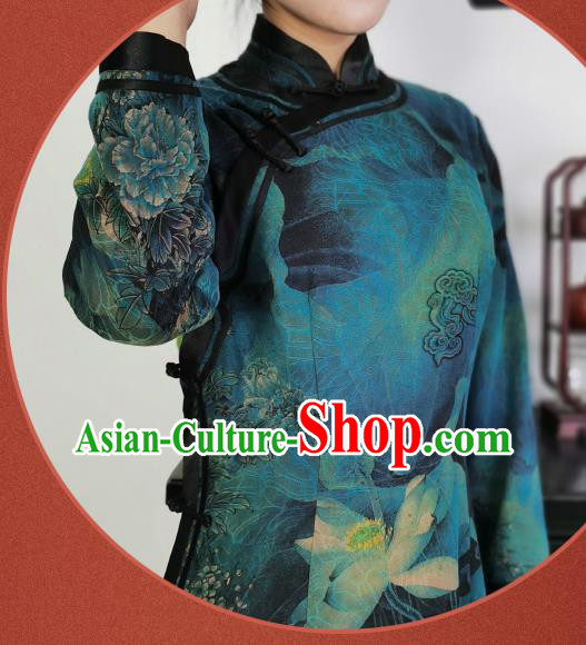Asian Chinese Classical Lotus Pattern Cheongsam Costume Traditional Dark Green Silk Qipao Dress