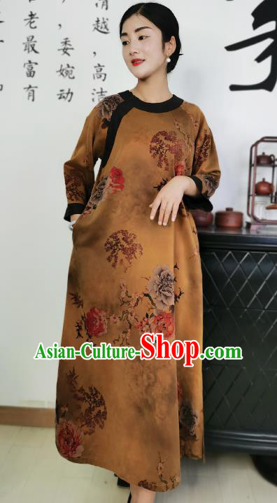 Asian Chinese Traditional Ginger Silk Qipao Dress Classical Peony Pattern Cheongsam Costume