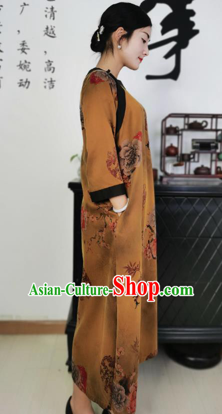 Asian Chinese Traditional Ginger Silk Qipao Dress Classical Peony Pattern Cheongsam Costume