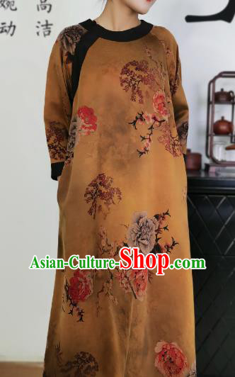 Asian Chinese Traditional Ginger Silk Qipao Dress Classical Peony Pattern Cheongsam Costume