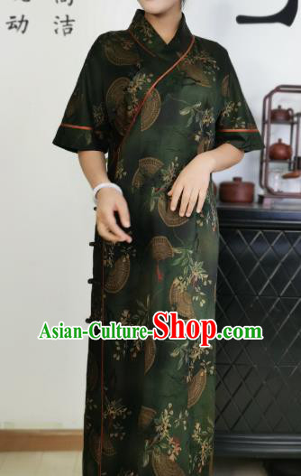 Asian Chinese Traditional Dark Green Silk Qipao Dress Classical Slant Opening Cheongsam Costume
