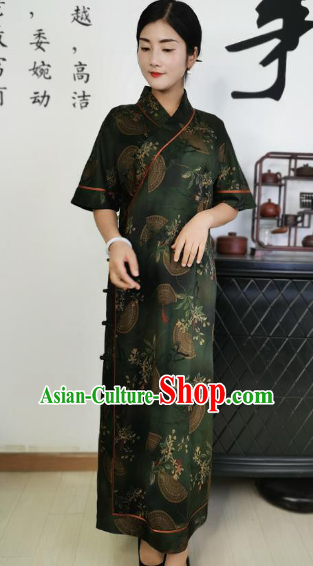 Asian Chinese Traditional Dark Green Silk Qipao Dress Classical Slant Opening Cheongsam Costume