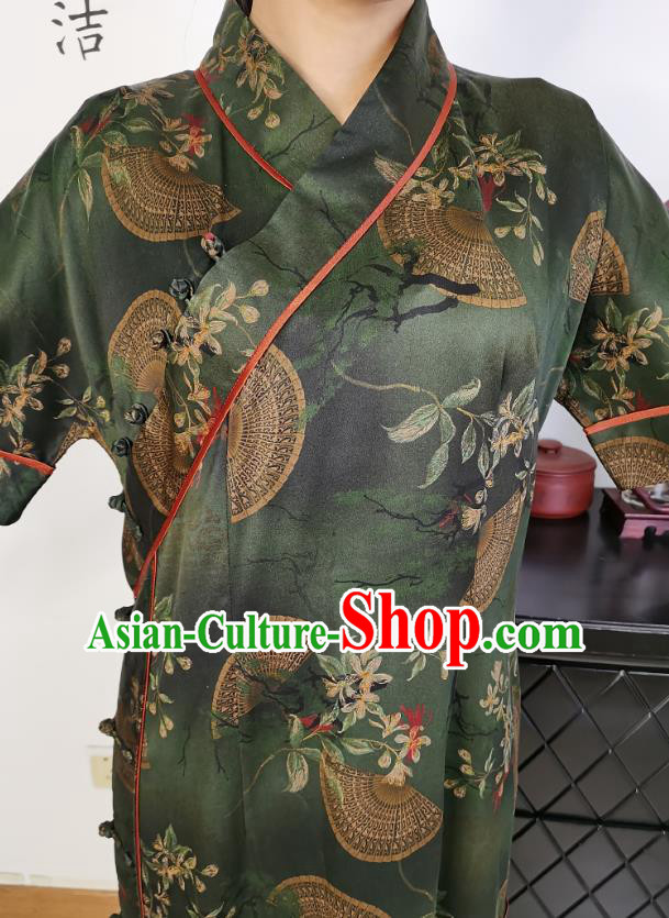 Asian Chinese Traditional Dark Green Silk Qipao Dress Classical Slant Opening Cheongsam Costume