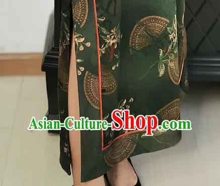 Asian Chinese Traditional Dark Green Silk Qipao Dress Classical Slant Opening Cheongsam Costume