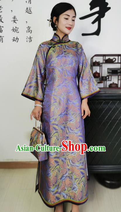 Asian Chinese Traditional Purple Brocade Qipao Dress Classical Elderly Woman Silk Cheongsam Costume