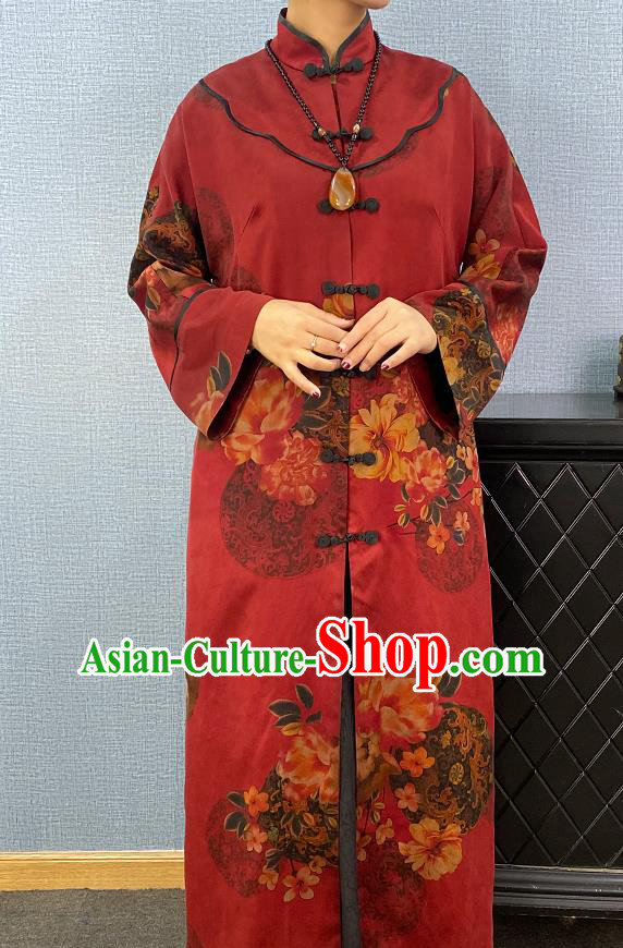 China Traditional Tang Suit Outer Garment National Woman Printing Red Silk Dust Coat