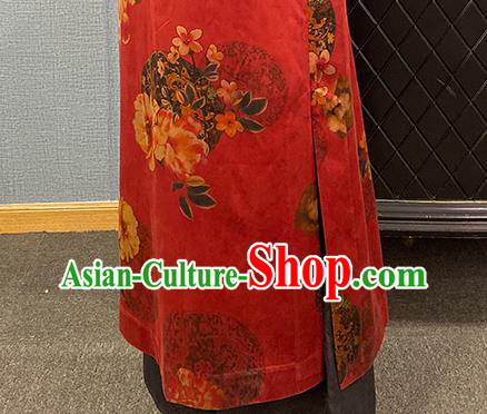 China Traditional Tang Suit Outer Garment National Woman Printing Red Silk Dust Coat