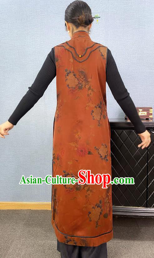 Chinese Traditional National Costume Women Brown Silk Long Vest Tang Suit Waistcoat