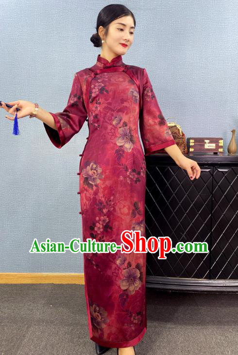 Asian Chinese Traditional Purple Silk Qipao Dress Classical Camellia Pattern Cheongsam Costume
