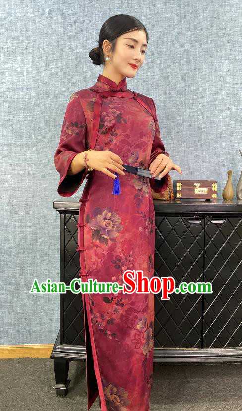 Asian Chinese Traditional Purple Silk Qipao Dress Classical Camellia Pattern Cheongsam Costume