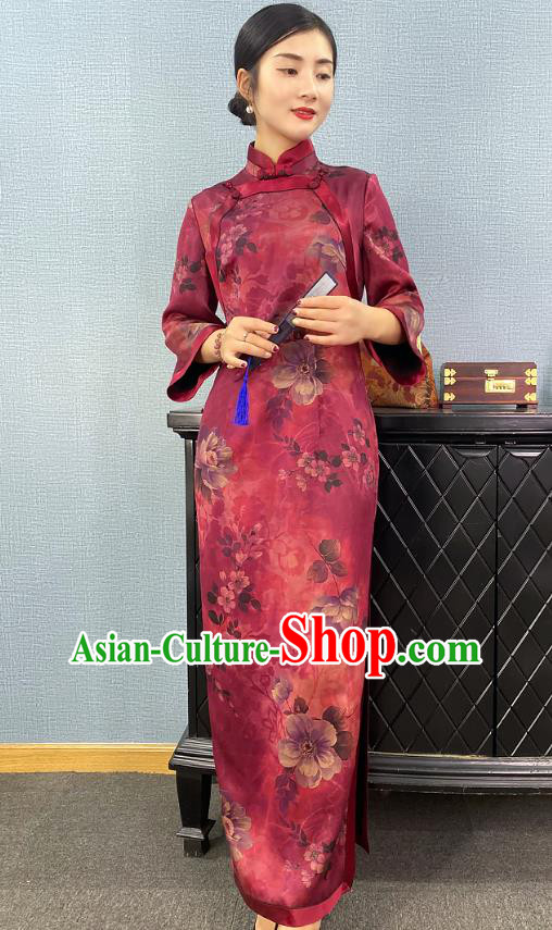 Asian Chinese Traditional Purple Silk Qipao Dress Classical Camellia Pattern Cheongsam Costume