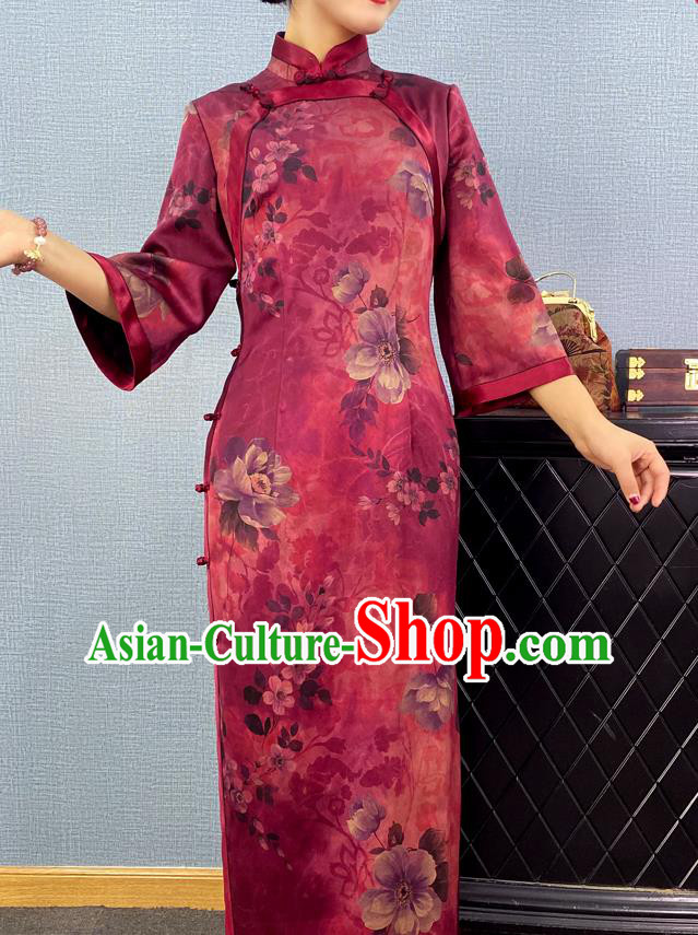 Asian Chinese Traditional Purple Silk Qipao Dress Classical Camellia Pattern Cheongsam Costume