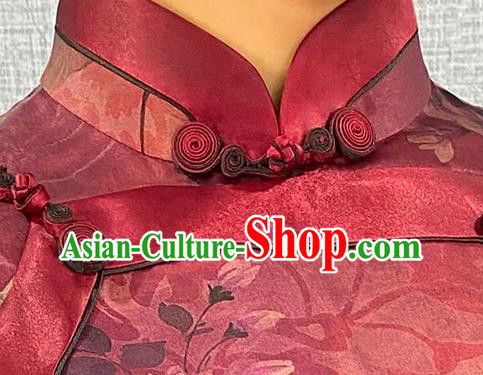 Asian Chinese Traditional Purple Silk Qipao Dress Classical Camellia Pattern Cheongsam Costume