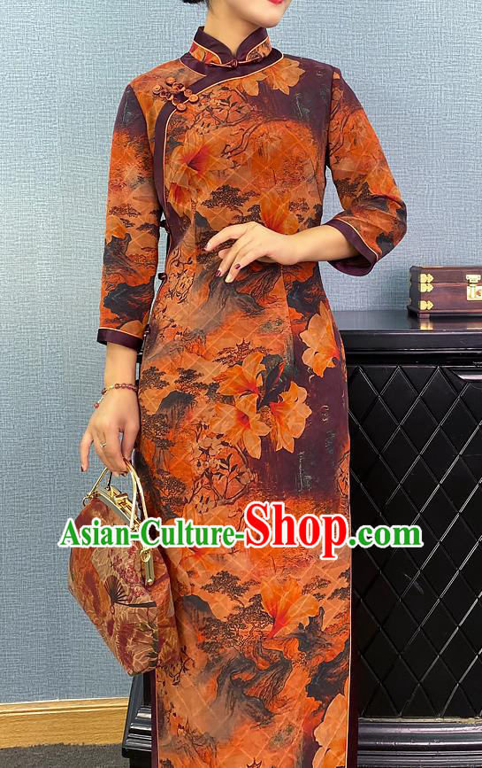 Asian Chinese Traditional Shanghai Beauty Qipao Dress Classical Mangnolia Pattern Ginger Cheongsam Costume