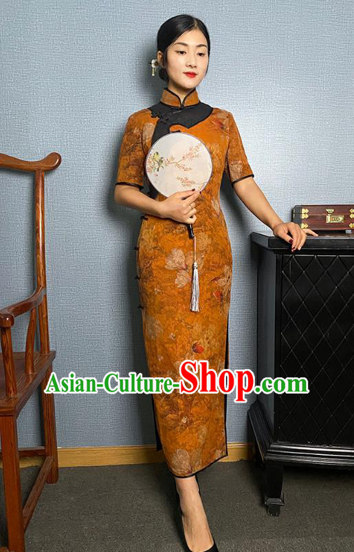 Asian Chinese Traditional Noble Beauty Qipao Dress Classical Mangnolia Pattern Orange Silk Cheongsam Costume