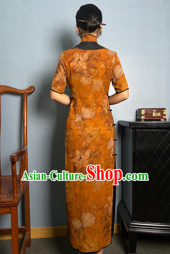 Asian Chinese Traditional Noble Beauty Qipao Dress Classical Mangnolia Pattern Orange Silk Cheongsam Costume