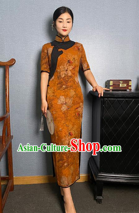 Asian Chinese Traditional Noble Beauty Qipao Dress Classical Mangnolia Pattern Orange Silk Cheongsam Costume