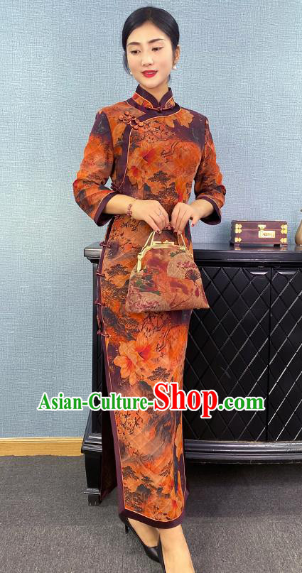 Asian Chinese Traditional Shanghai Beauty Qipao Dress Classical Mangnolia Pattern Ginger Cheongsam Costume