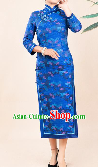 Asian Chinese Traditional Wedding Mother Song Brocade Qipao Dress Classical Royalblue Silk Cheongsam Costume