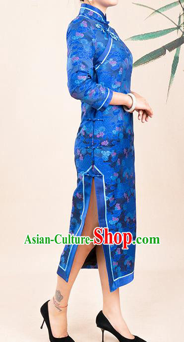 Asian Chinese Traditional Wedding Mother Song Brocade Qipao Dress Classical Royalblue Silk Cheongsam Costume