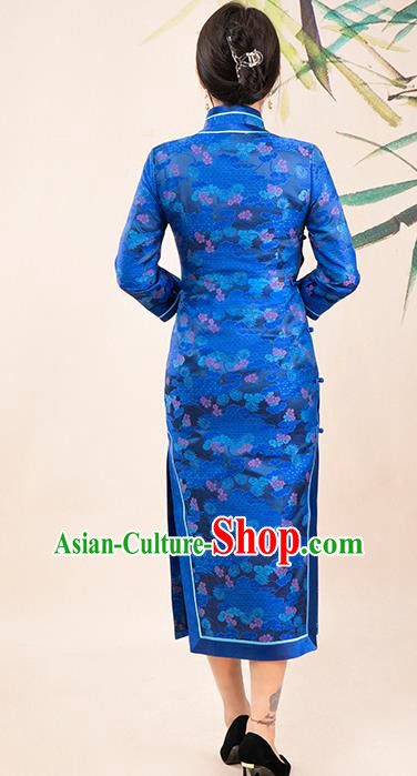 Asian Chinese Traditional Wedding Mother Song Brocade Qipao Dress Classical Royalblue Silk Cheongsam Costume