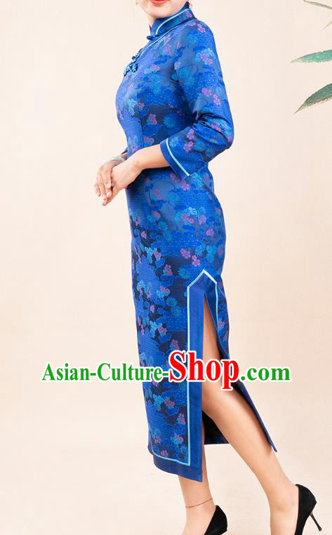 Asian Chinese Traditional Wedding Mother Song Brocade Qipao Dress Classical Royalblue Silk Cheongsam Costume