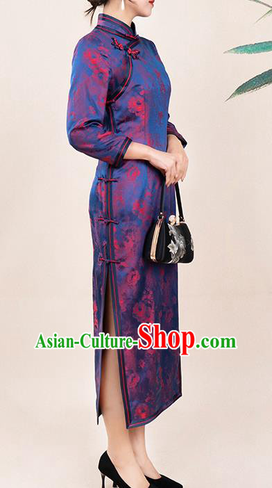Asian Chinese Classical Silk Cheongsam Costume Traditional Noble Mistress Purple Brocade Qipao Dress
