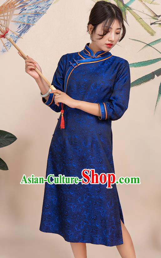 Asian Chinese Traditional Young Lady Brocade Qipao Dress Classical Navy Silk Short Cheongsam Costume